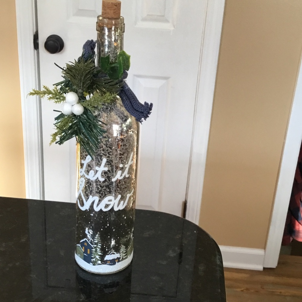 Upcycled Festive‎ Holiday Mercury Glass Bottle with Winter Scene and Greenery